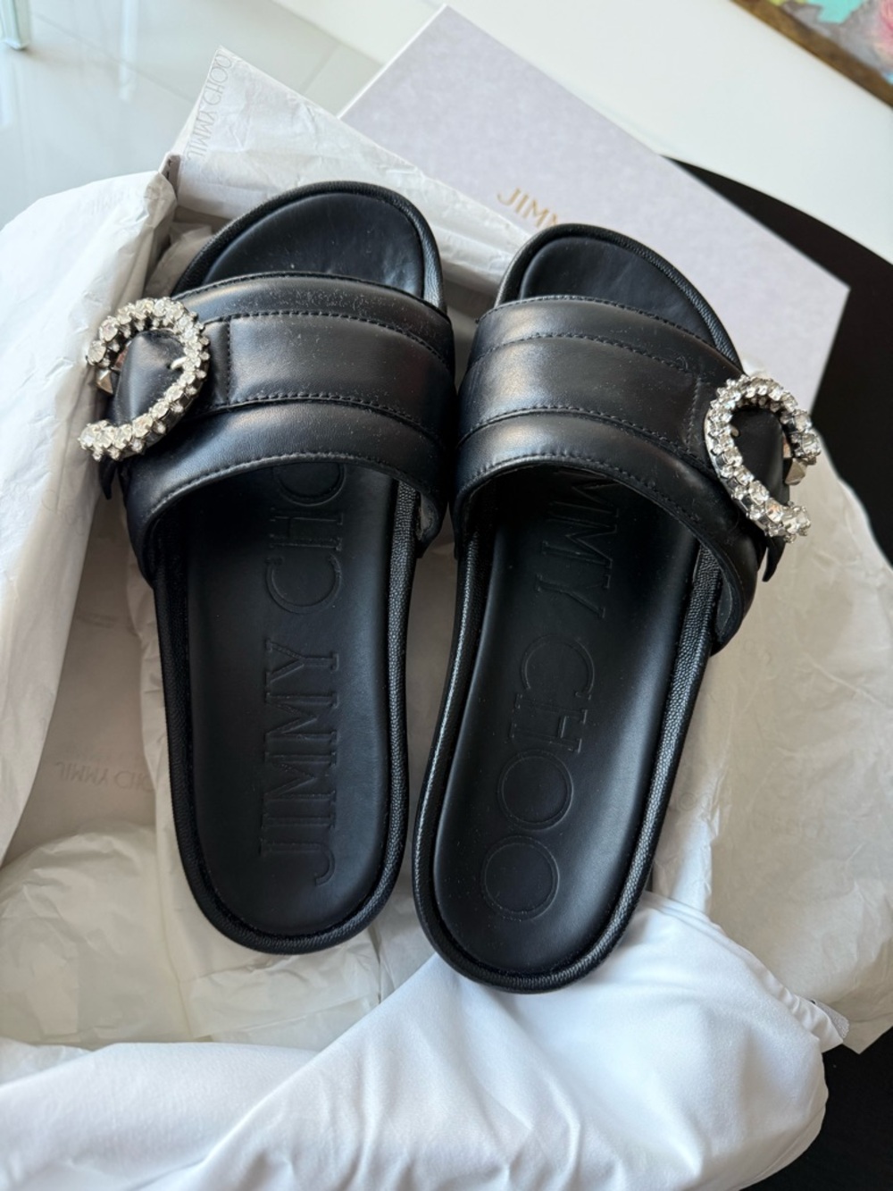 Jimmy Choo Black Leather Crystal Buckle Slide Sandals - Picture 4 of 6